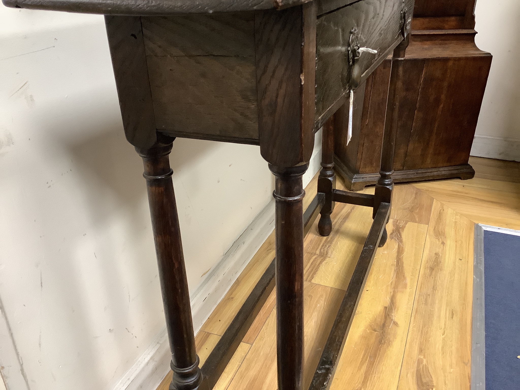 A narrow oak rectangular side table